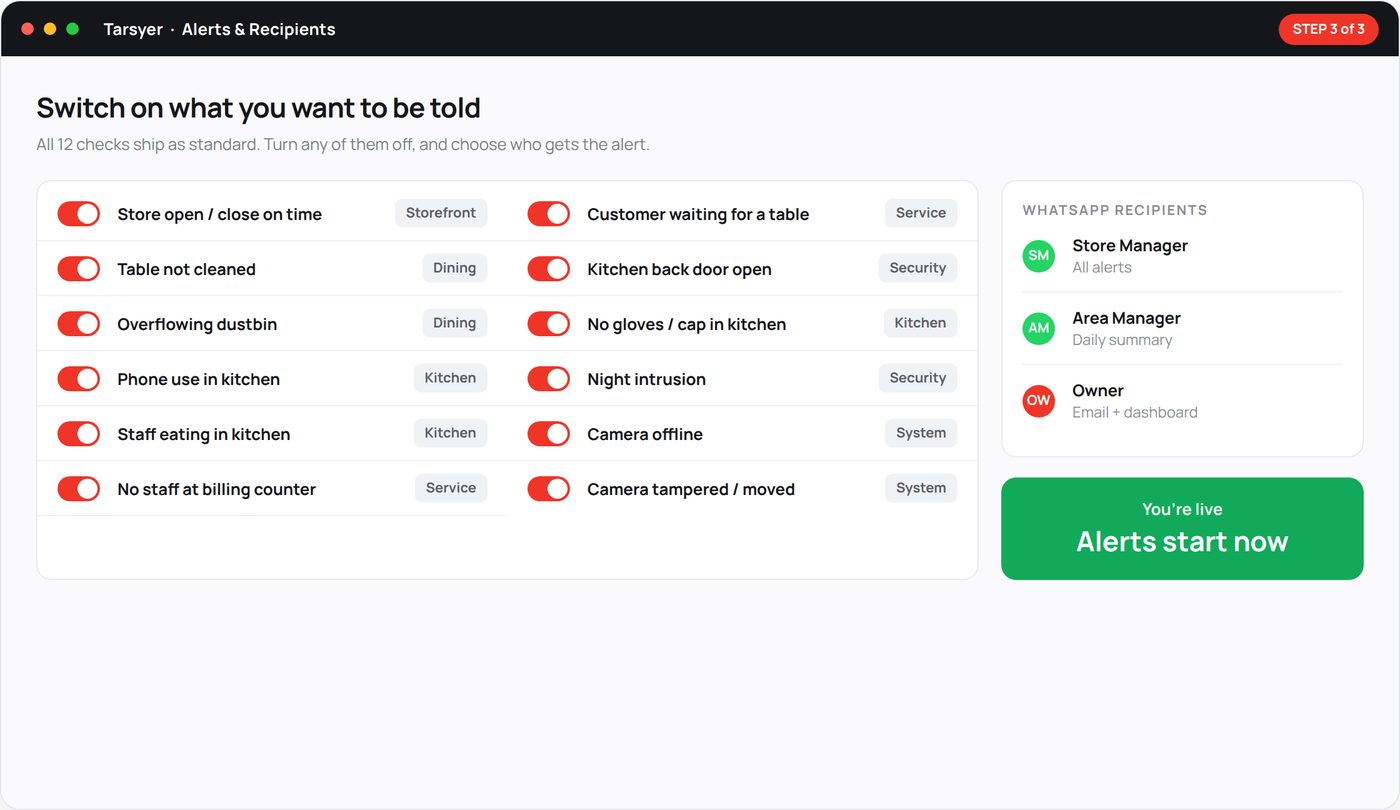 Alert configuration screen with twelve checks switched on