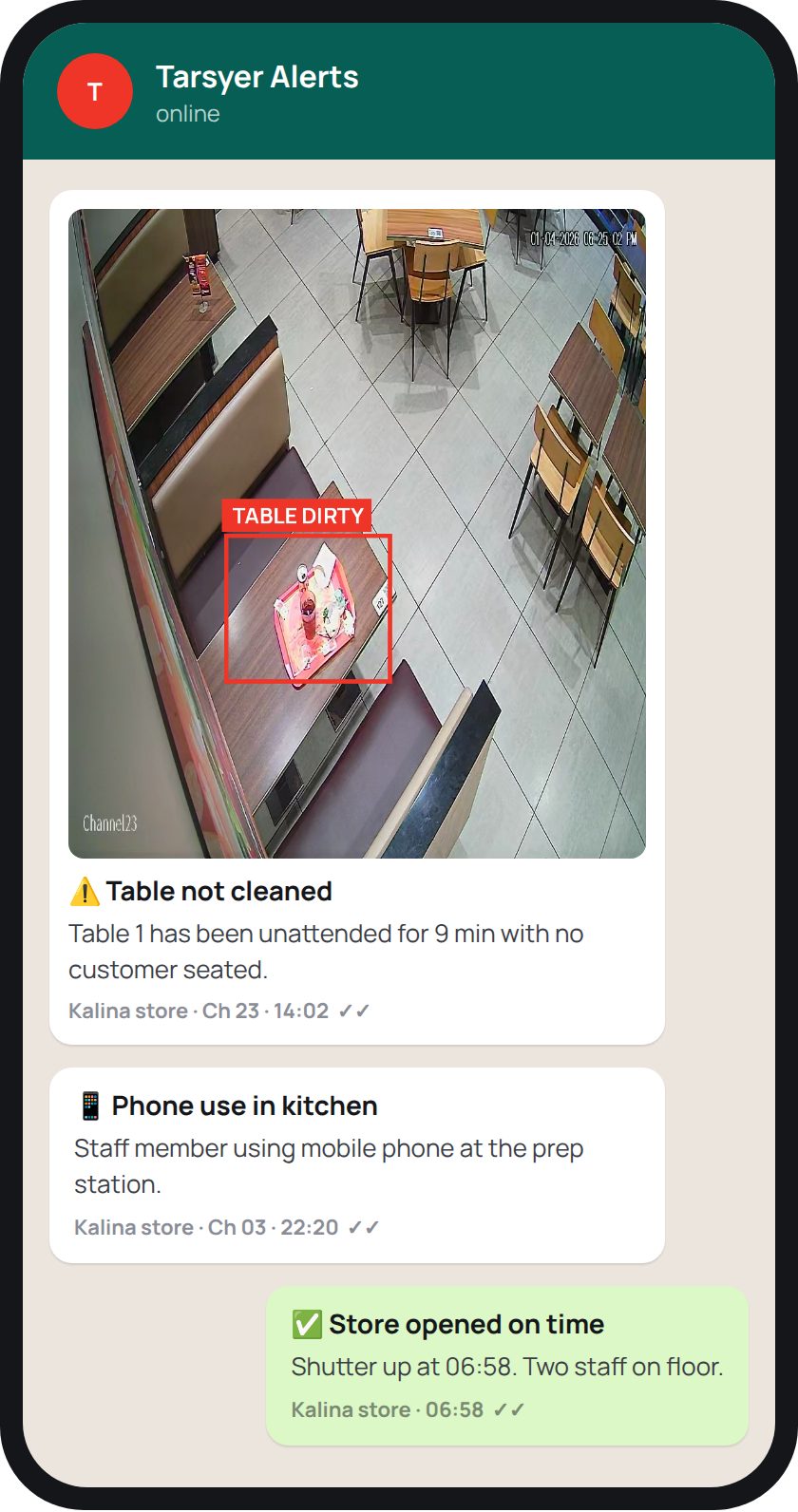 WhatsApp alert with photo proof of an uncleaned table
