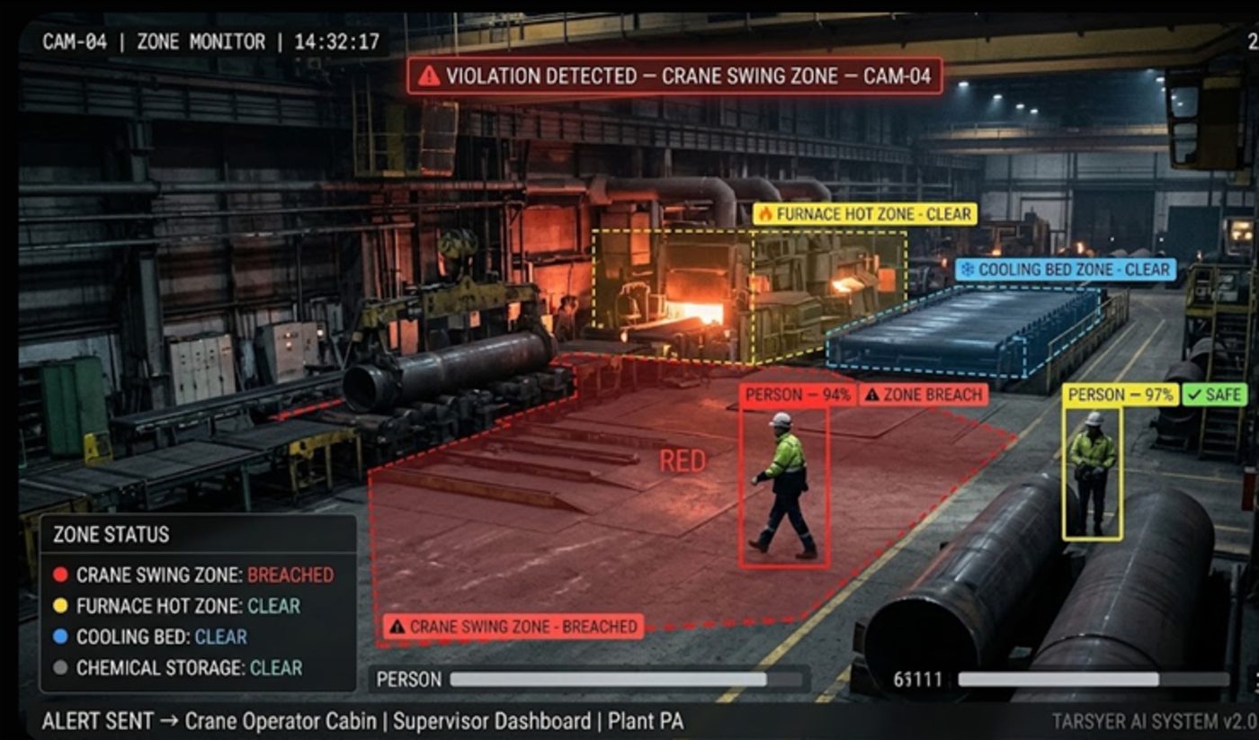 Crane swing zone breached by a person, other zones clear